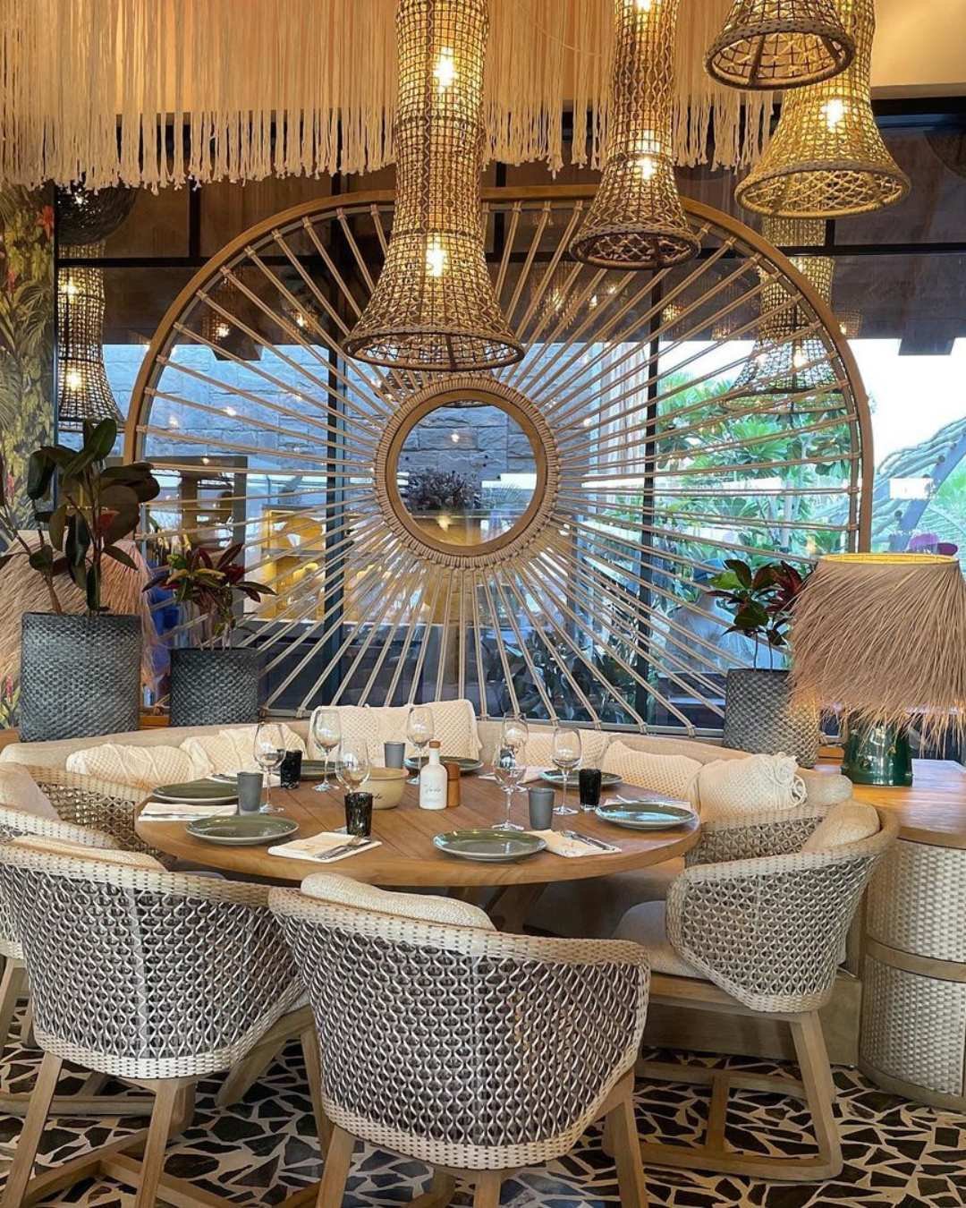 Sophisticated restaurant lounge with trendy furniture designs.