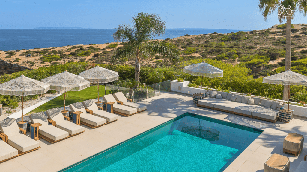 bird view of multiple rope furniture set by the pool