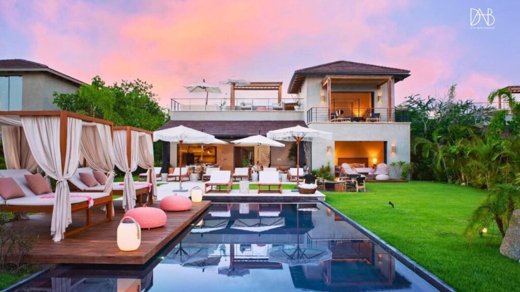 modern villa with outdoor furniture in dusk