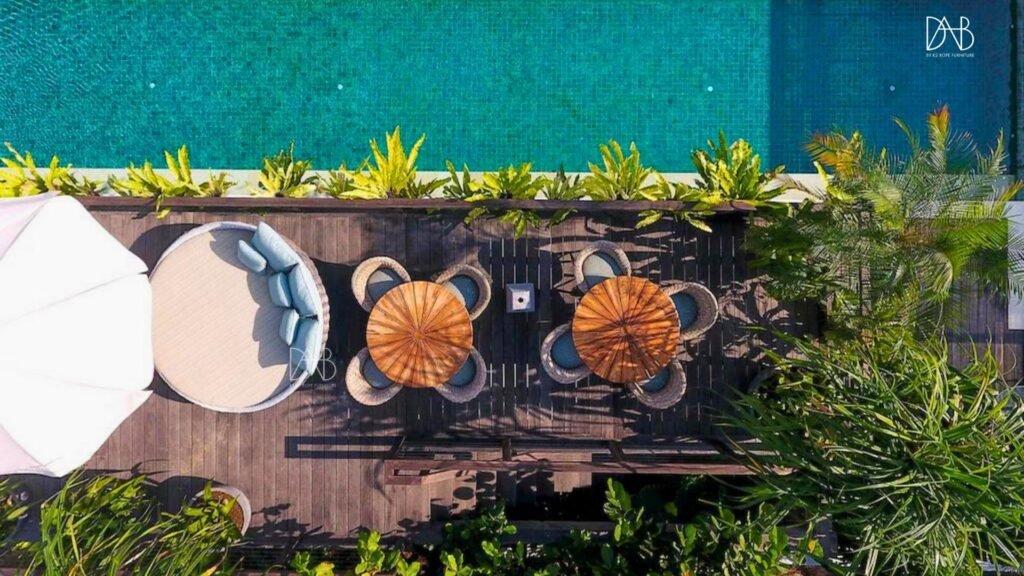 Top view of furniture by the pool