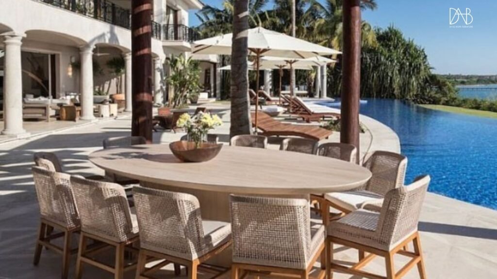 Some rope furniture face the pool