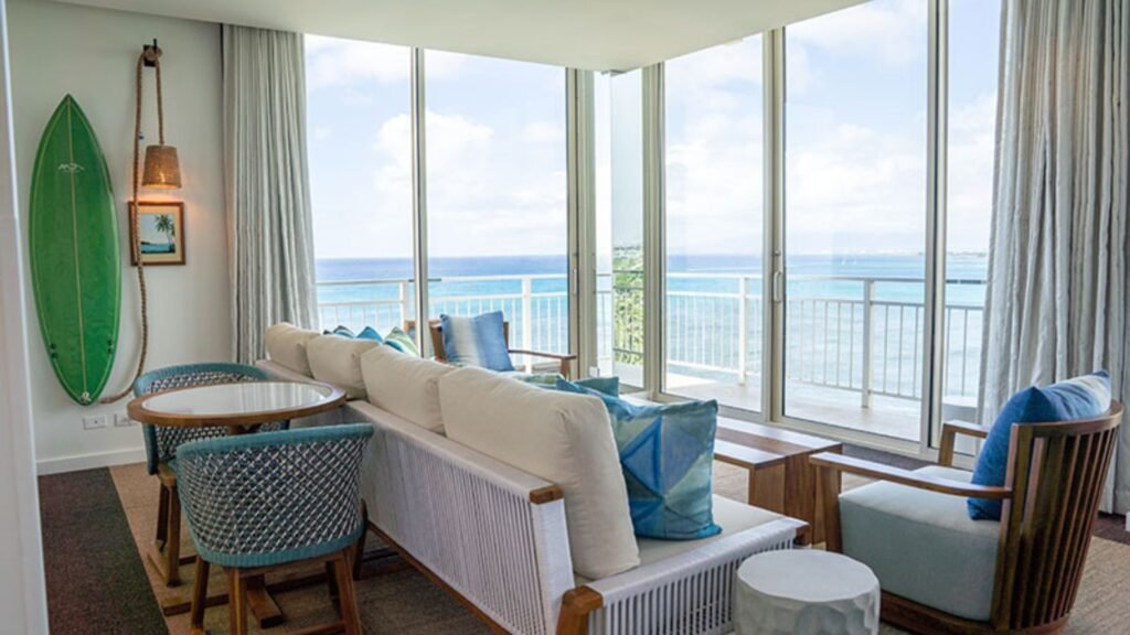 Contemporary Hotel Interior Design Featuring Chic Guest Room with Ocean View